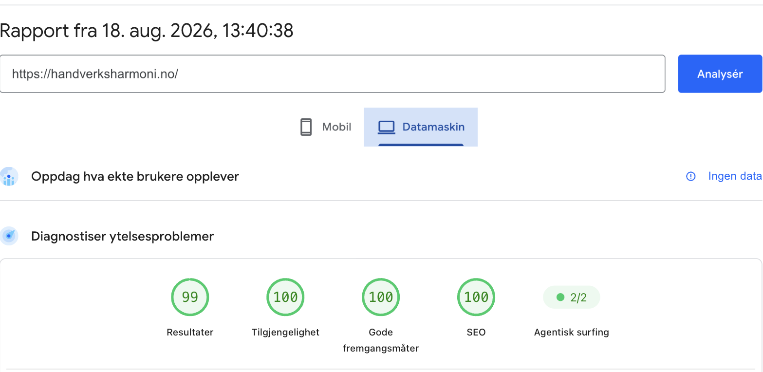 PageSpeed Insights for Håndverksharmoni på datamaskin: 99 av 100 i ytelse, 100 / 100 / 100 i tilgjengelighet, gode fremgangsmåter og SEO