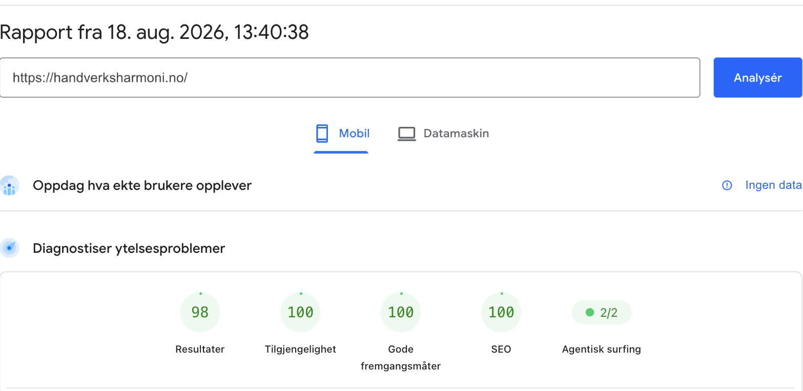 PageSpeed Insights for Håndverksharmoni på mobil: 98 av 100 i ytelse, 100 / 100 / 100 i tilgjengelighet, gode fremgangsmåter og SEO